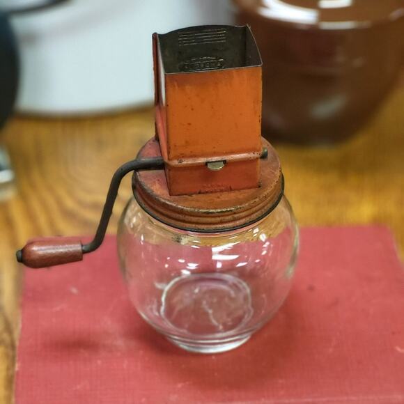Vintage Androck Nut Meat Chopper with Glass Jar Red Metal Top Farmhouse Kitchen - Picture 12 of 15